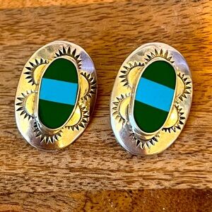 Sterling Silver Turquoise and Green Large Oval Vintage Mexican Silver Earrings